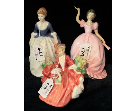 Royal Worcester bone china figurine "Flirtation", together with Royal Doulton figurine "Lydia" HN1908 and "Alison" HN2336.  (