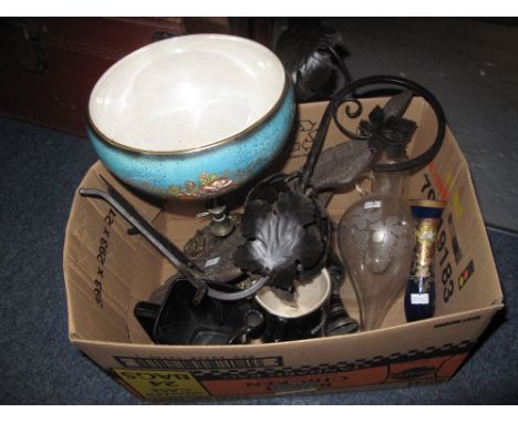 Box of assorted items to include Wade John player special and Booth's gin water jug, glass vases, brass eagle on branch, flor