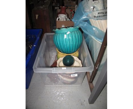 Box of assorted china to include mainly floral planters, glass jar and fujica camera. 