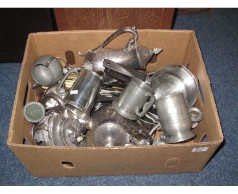 Box of assorted metalware to include various pewter tankards, plated tea service, Ronson table lighter, candelabra, loose pla