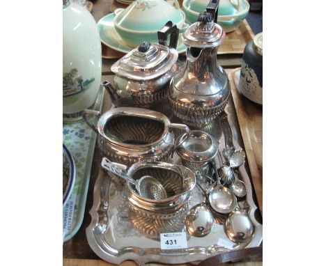 Silver plated tea service together with various loose plated spoons, strainer, two handled tray, knife rest in the form of do
