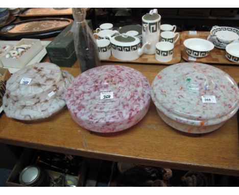 Three similar art deco design opaline glass light ceiling shades. (3)