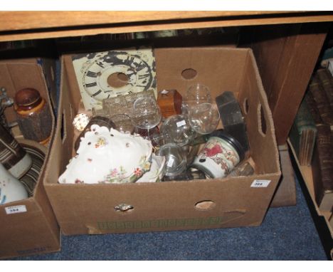 Box of assorted items to include slate barometer, drinking glasses, hobnail decanter and stopper, Ronson table lighter, inkwe