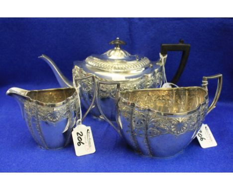 Three piece silver plated shell decorated tea set.  Makers mark H&LG.  (3) CONDITION REPORT: Overall good, light wear / surfa