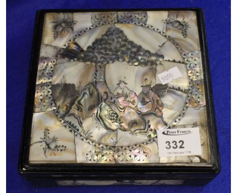 Oriental mother-of-pearl inlaid box depicting figures in a pine tree landscape.