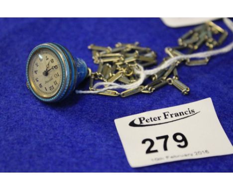 Enamel and silver ladies "Services" pendant drop fancy fob watch on whit metal and enamel chain.  The inside of the enamel ca