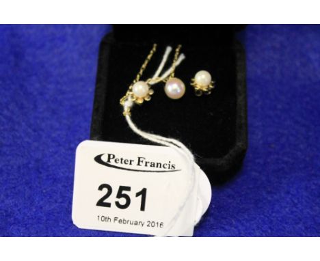 A hallmarked 9ct.gold pearl pendant on 9ct gold chain together with 9ct gold and pearl ear studs.