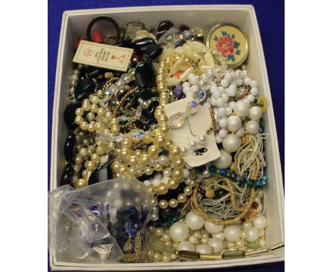 Box of assorted costume jewellery to include various beads; trinket box; clip earrings etc.