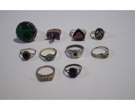 A Danish white metal and amethyst ring, marked 'Sterling Denmark 755' , ring size M and nine other rings, 49g gross