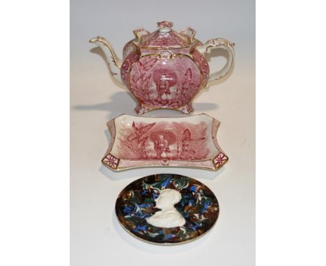 A Victorian Aesthetic movement teapot and stand, transfer printed with scenes of a Japanese maiden, and a Thomas Fradley wall