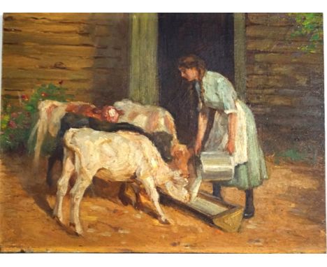 George Smith RSA 1870-1934Feeding the CalvesOil on panel, unframed31cm x 23cm