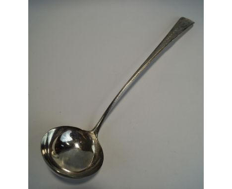 A  Hester Bateman bright cut silver soup ladle, London 1789, old English pattern, crested, 36 cm long, 155 g (5 troy ozs) gro