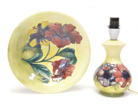 Moorcroft Lamp base and Bowl Moorcroft Anemone pattern lamp base and Hibiscus pattern bowl, both on a yellow ground with pain