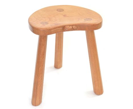 Mouseman oak kidney-shaped calf stool Robert 'Mouseman' Thompson of Kilburn oak kidney-shaped calf stool, on three octagonal 