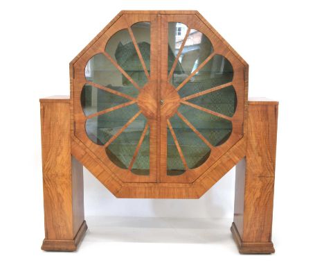 Art Deco Walnut Display Cabinet Early 20th century art deco walnut display cabinet, the central octagonal cabinet with two do