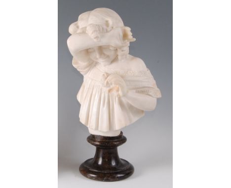 A large 19th century carved marble head and shoulders portrait bust of a young girl , on a socle base, h.47cmRestored through