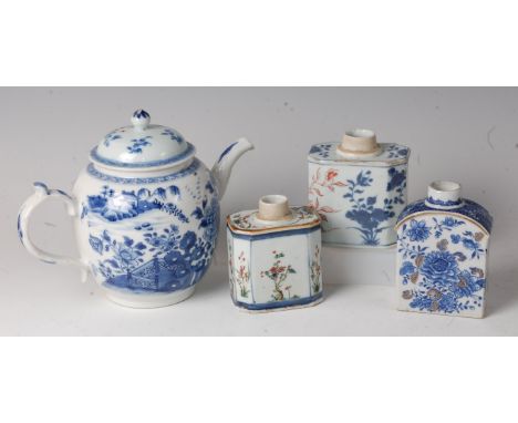 A Chinese export blue and white teapot and cover, h.17cm; together with an 18th century Chinese imari tea canister (lacking c