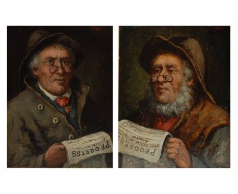 J. Forst - Pair; Head and shoulders portrait studies of men reading the Progress newspaper, oil on panel, each signed upper r