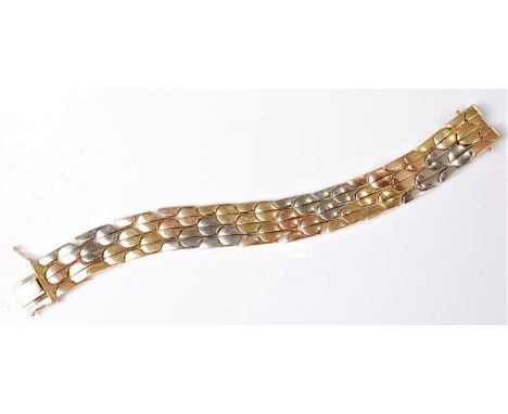 An 18ct tri-coloured gold bracelet, the mermaid scale style links in white, yellow and rose gold, with concealed box clasp an