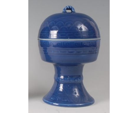 A Chinese 'dou' stem bowl and cover, Qing dynasty, the flat-bottomed bowl raised on a splayed pedestal foot, the domed cover 