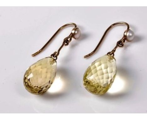 A pair of citrine and cultured pearl earrings, the briolette cut citrines suspended below a short link and surmounted with a 