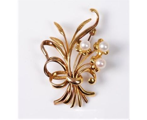 A 14ct cultured pearl spray brooch, the three cultured pearls set as the centres of flowers among a spray of wheat ears and c