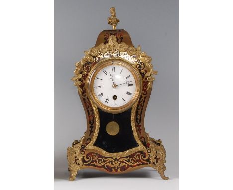 A late 19th century ebonised boulle work mantel clock , of balloon shape, the white enamel dial with single winding hole for 