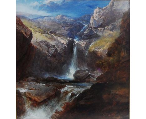 Henry Bright (1814-1873) - Landscape with a ravine and waterfall, oil on milled board, signed and dated 1853 lower right, 57 