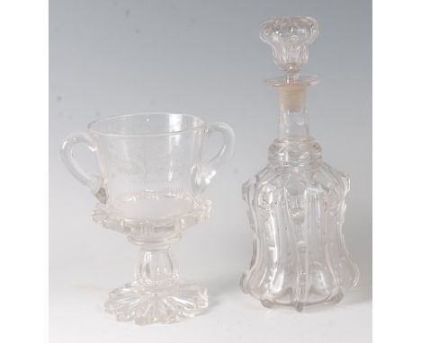 A George V glass commemorative pedestal trophy cup, the obverse with engraved commemorative inscription '[George V &amp; Quee