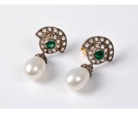 A pair of 18ct cultured pearl, diamond and emerald earrings, the oval cultured pearl with white metal cap set with diamond hi