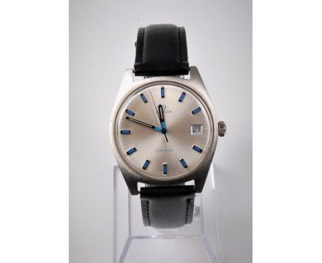 A gentleman's Omega manual wristwatch, the round silvered dial with black an blue baton numerals, black, blue and white hands