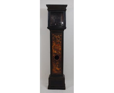 An early 18th century chinoiserie black lacquered longcase clock case (only), having glazed door to accommodate 12" square di