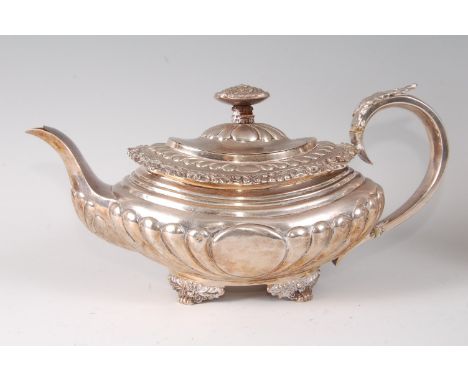 A George IV silver teapot, of half-reeded oval bombe form, 23oz, maker Charles Fox II, London 1823, h.14cm