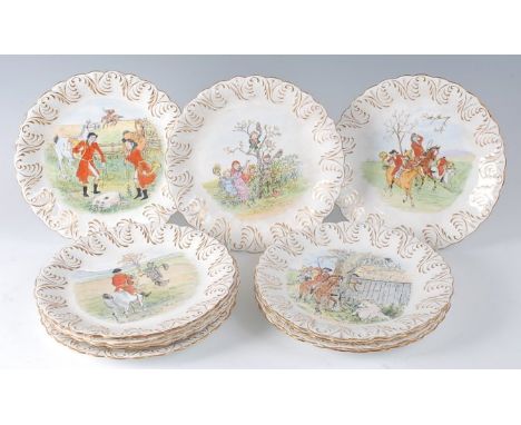 A set of twelve Edwardian Collingwood porcelain dessert plates, each hand-decorated with scenes from R. Caldecott Picture Boo