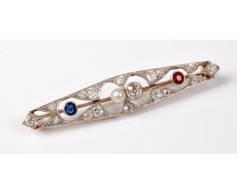 An early 20th century diamond, sapphire, ruby and 'pearl' brooch , the central old cut diamond set with a single 'pearl' amid