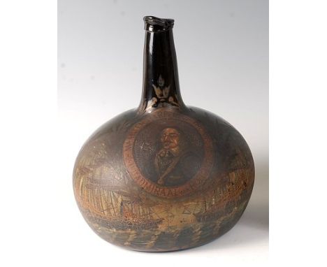 A circa 1700 Dutch commemorative painted onion wine bottle, having painted portrait reserve of Lieutenant Admiral van Holland