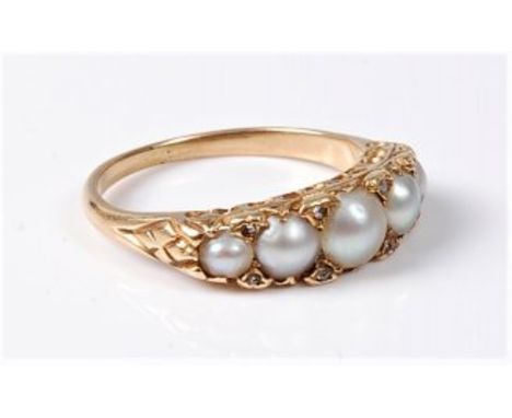 A five stone cultured pearl ring, the five graduated split pearls set with diamond highlights, with tapered shoulders and pla