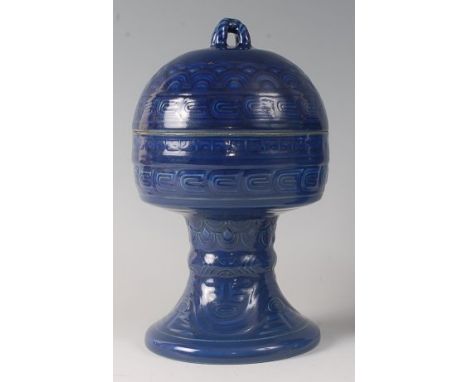 A Chinese 'dou' stem bowl and cover, Qing dynasty, the flat-bottomed bowl raised on a splayed pedestal foot, the domed cover 