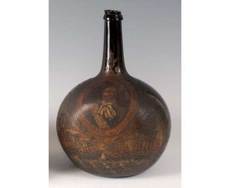 A circa 1700 Dutch commemorative painted onion wine bottle, having painted portrait reserve of Egbert Meeuwsz Kortenaar, all 