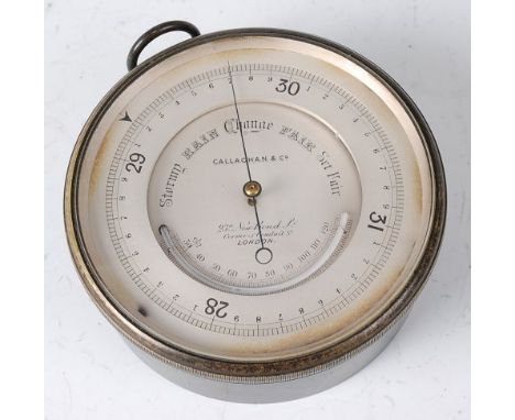 A Victorian lacquered brass cased travel barometer by Callaghan &amp; Co of 23A New Bond Street, London, having signed silver