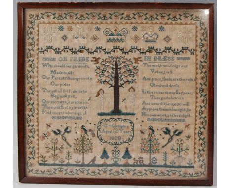 A George IV needlework, verse and picture sampler, completed by C. Compton aged 12 years, dated 1828, 30 x 33cm, later framed