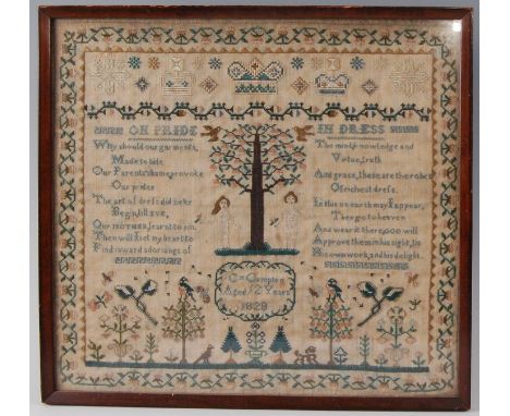 A George IV needlework, verse and picture sampler, completed by C. Compton aged 12 years, dated 1828, 30 x 33cm, later framed