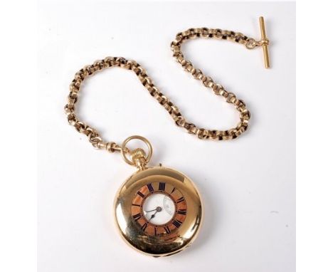 An 18ct gold half hunter by J W Benson, London, the white dial with black Roman numerals, sesconds markers, and hands, subsid