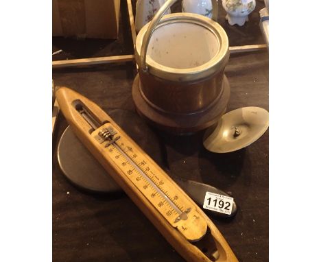 Vintage oak biscuit barrel, hand mirror and a thermometer. Not available for in-house P&amp;P, contact Paul O'Hea at Mailboxe