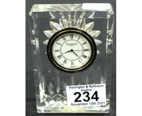 Waterford crystal table clock, H: 11 cm, requires battery, no cracks, chips or visible restoration. P&amp;P Group 2 (£18+VAT 