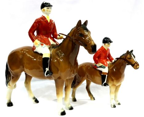 Two ceramic horse and rider figurines with loose paint , H: 22 cm. P&amp;P Group 3 (£25+VAT for the first lot and £5+VAT for 