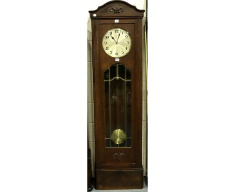 An early 20th century triple weight German oak longcase clock, H: 197 cm, not working at lotting, chains off and pendulum fea