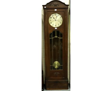 An early 20th century triple weight German oak longcase clock, H: 197 cm, not working at lotting, chains off and pendulum fea