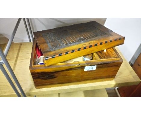 VINTAGE CARVED TOP JERUSALEM SEWING BOX & CONTENTS (NEEDS ATTENTION)