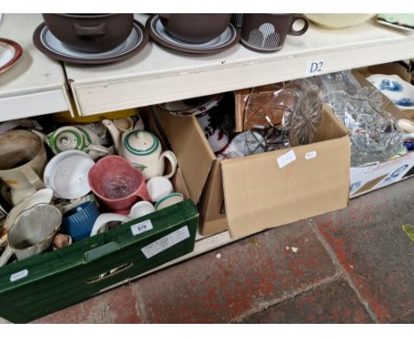 Three boxes conatining various ceramics, glass, walnut cased clock, etc. 